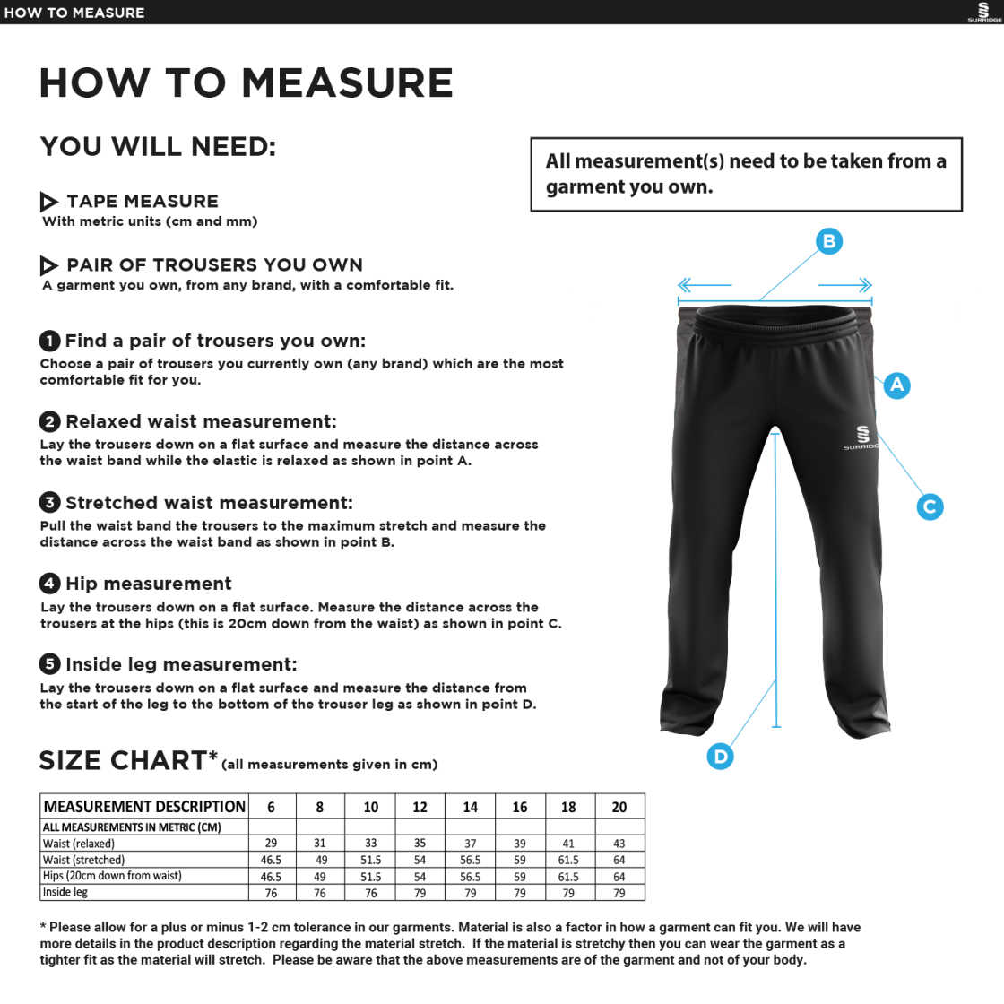 Southern Cavaliers CC - Women's Ripstop Track Pant - Size Guide