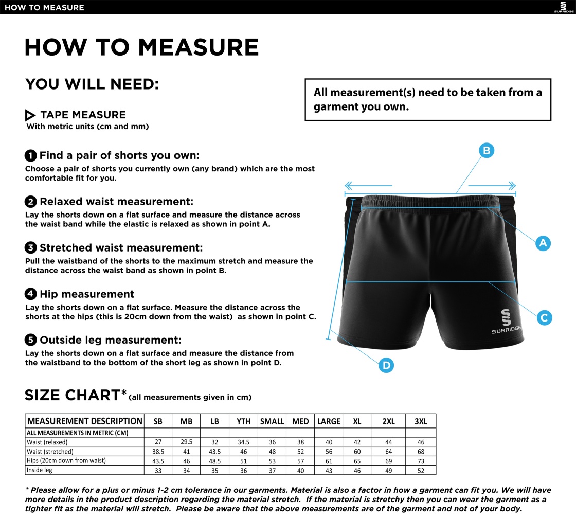 Southern Cavaliers CC - Dual Gym Shorts - Size Guide