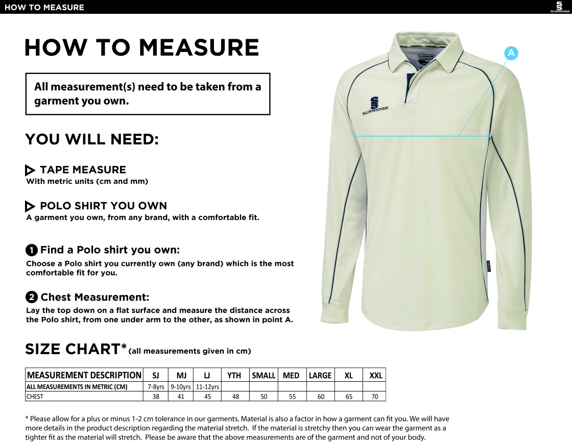 Southern Cavaliers CC - Premier Long Sleeve Playing Shirt - Size Guide