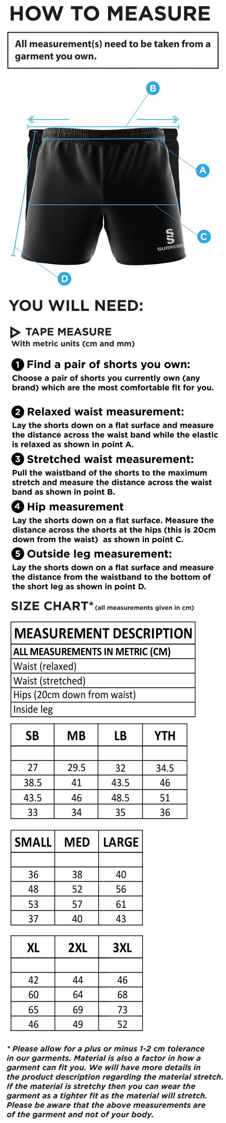 Southern Cavaliers CC - Dual Gym Shorts - Size Guide