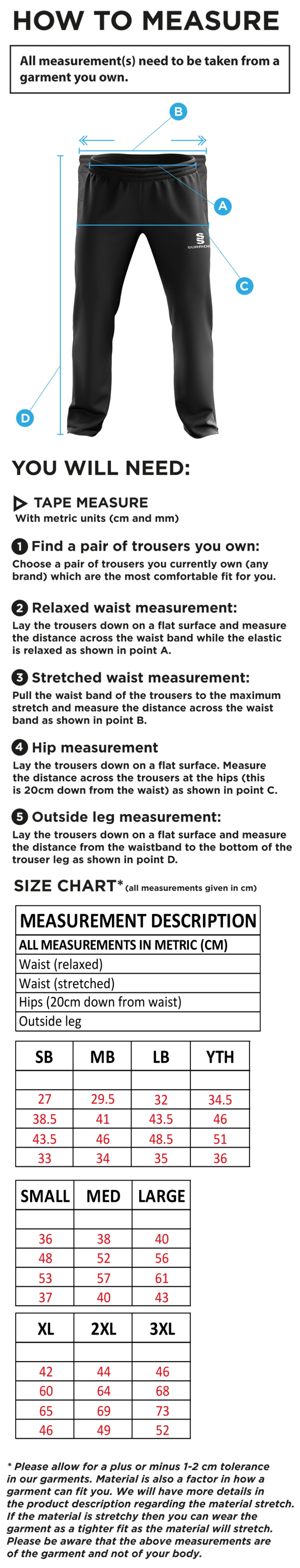 Southern Cavaliers CC - Ripstop Track Pant - Size Guide