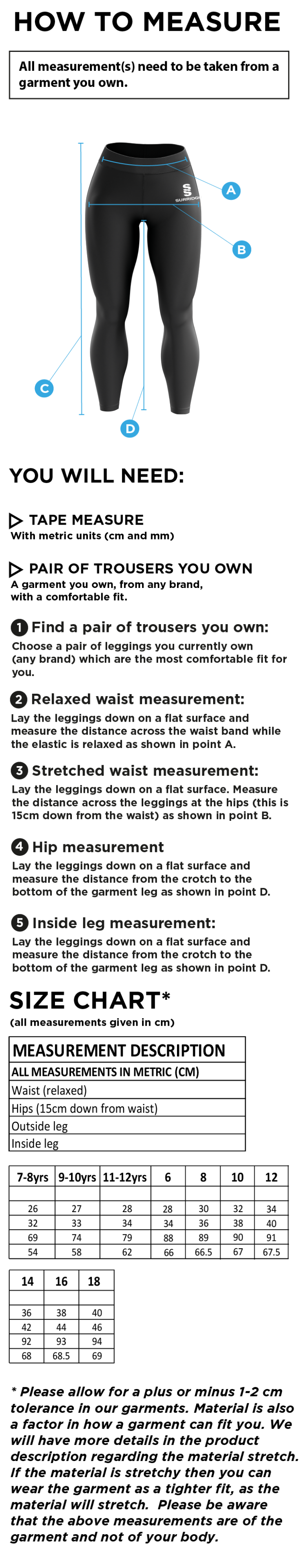 Southern Cavaliers CC - Performance Full Length Leggings - Size Guide