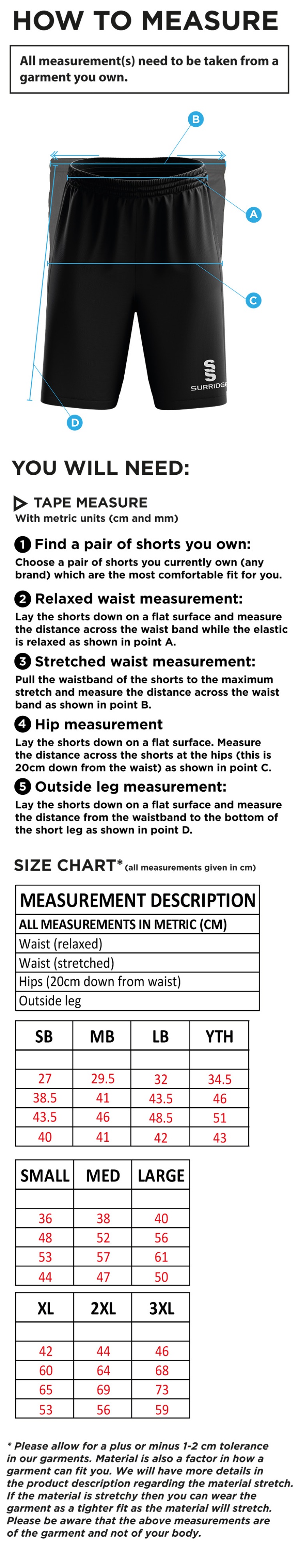 Southern Cavaliers CC - Blade Training Shorts - Size Guide