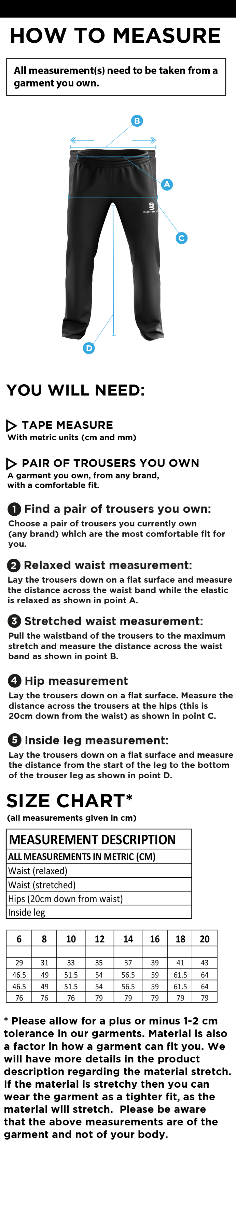 Southern Cavaliers CC - Women's Ripstop Track Pant - Size Guide