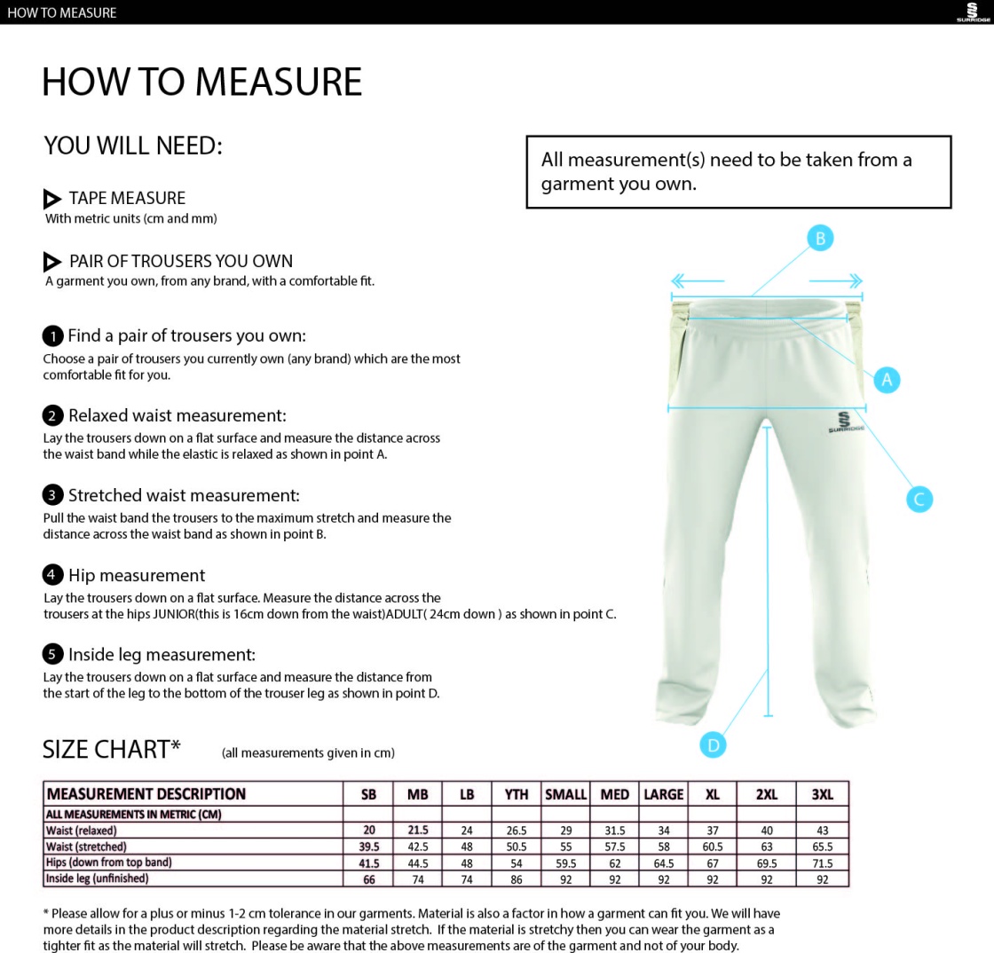 Southern Cavaliers CC - Standard Playing Pant - Size Guide