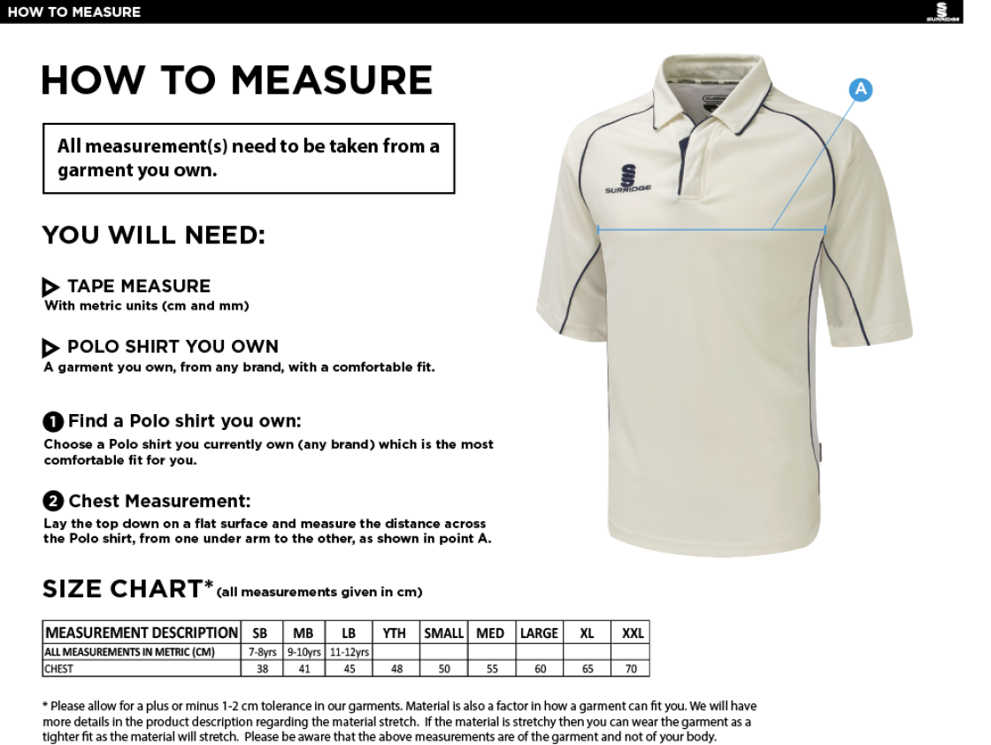 Southern Cavaliers CC - Premier 3/4 Sleeve Playing Shirt - Size Guide