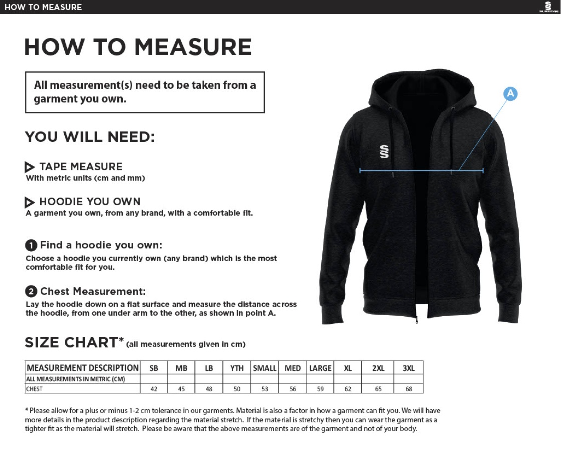 Southern Cavaliers CC - Dual Bonded Full Zip Hoody - Size Guide