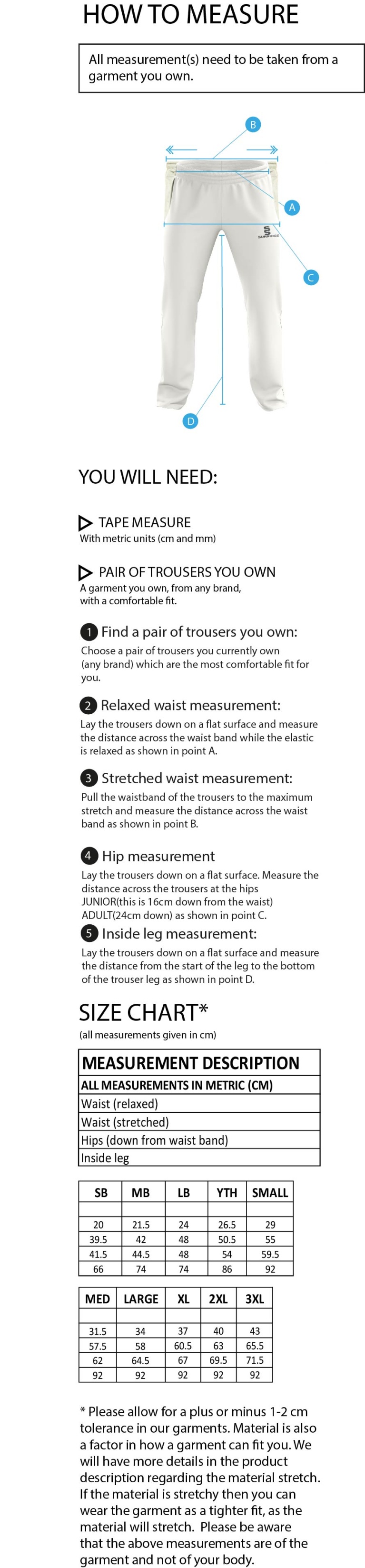 Southern Cavaliers CC - Standard Playing Pant - Size Guide