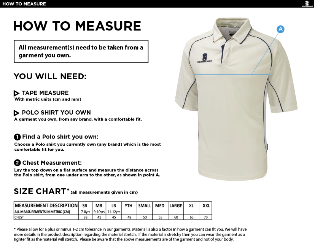 Southern Cavaliers CC - Premier 3/4 Sleeve Playing Shirt - Size Guide