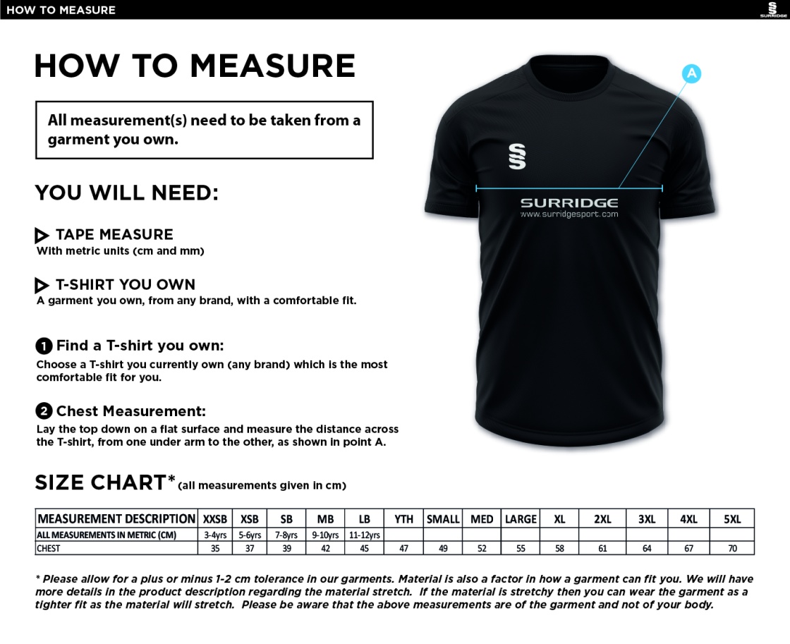 Southern Cavaliers CC - Blade Training T-shirt - Size Guide