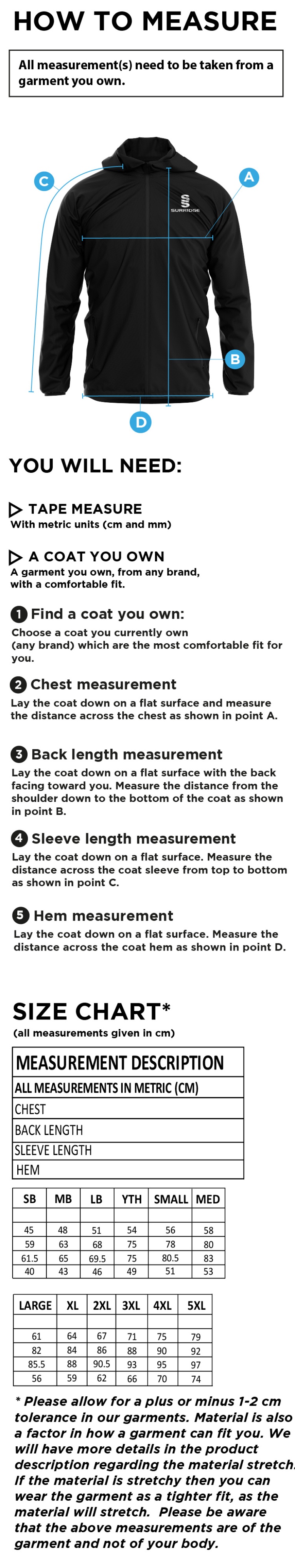Southern Cavaliers CC - Dual Full Zip Training Jacket - Size Guide