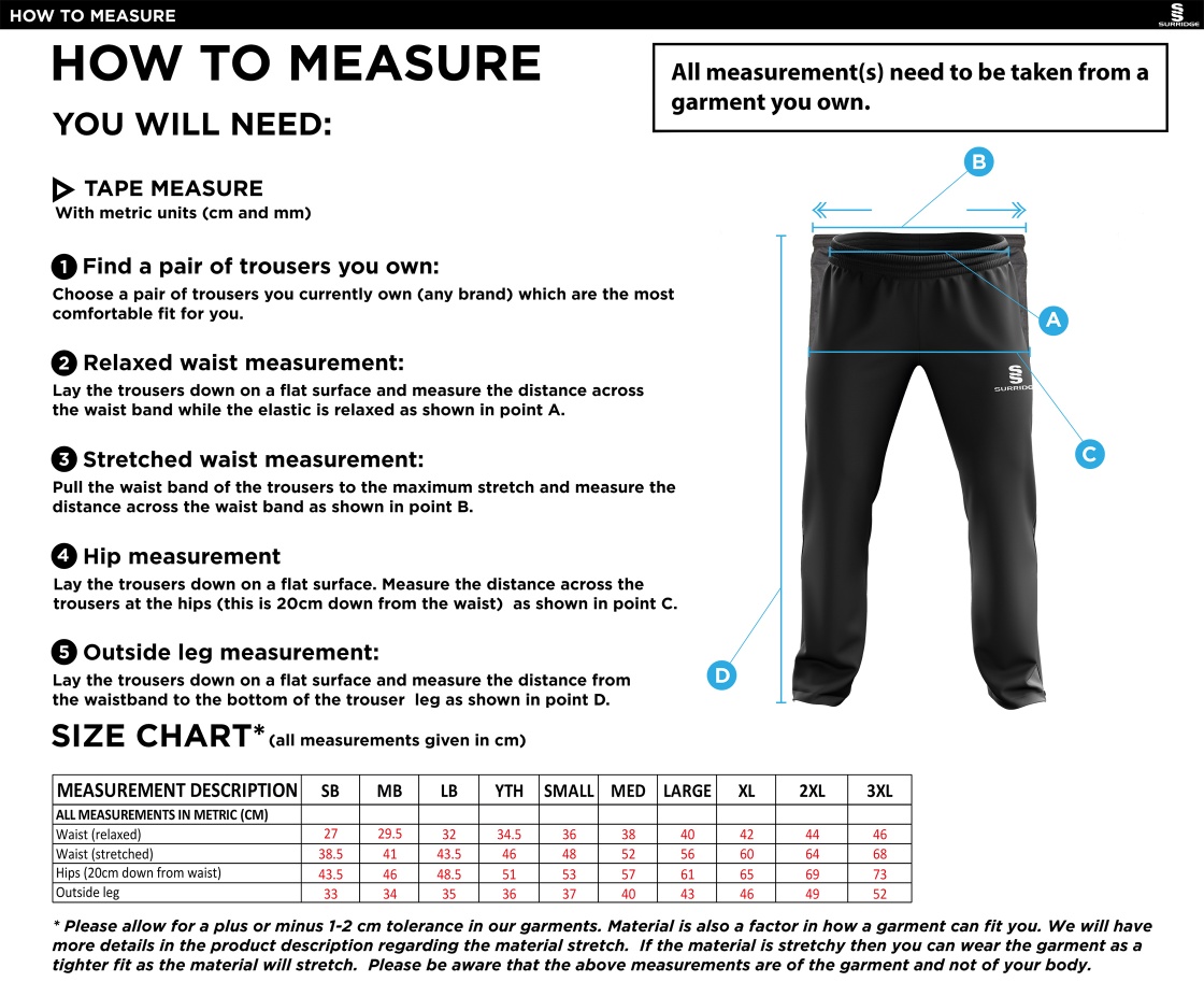 Southern Cavaliers CC - Ripstop Track Pant - Size Guide