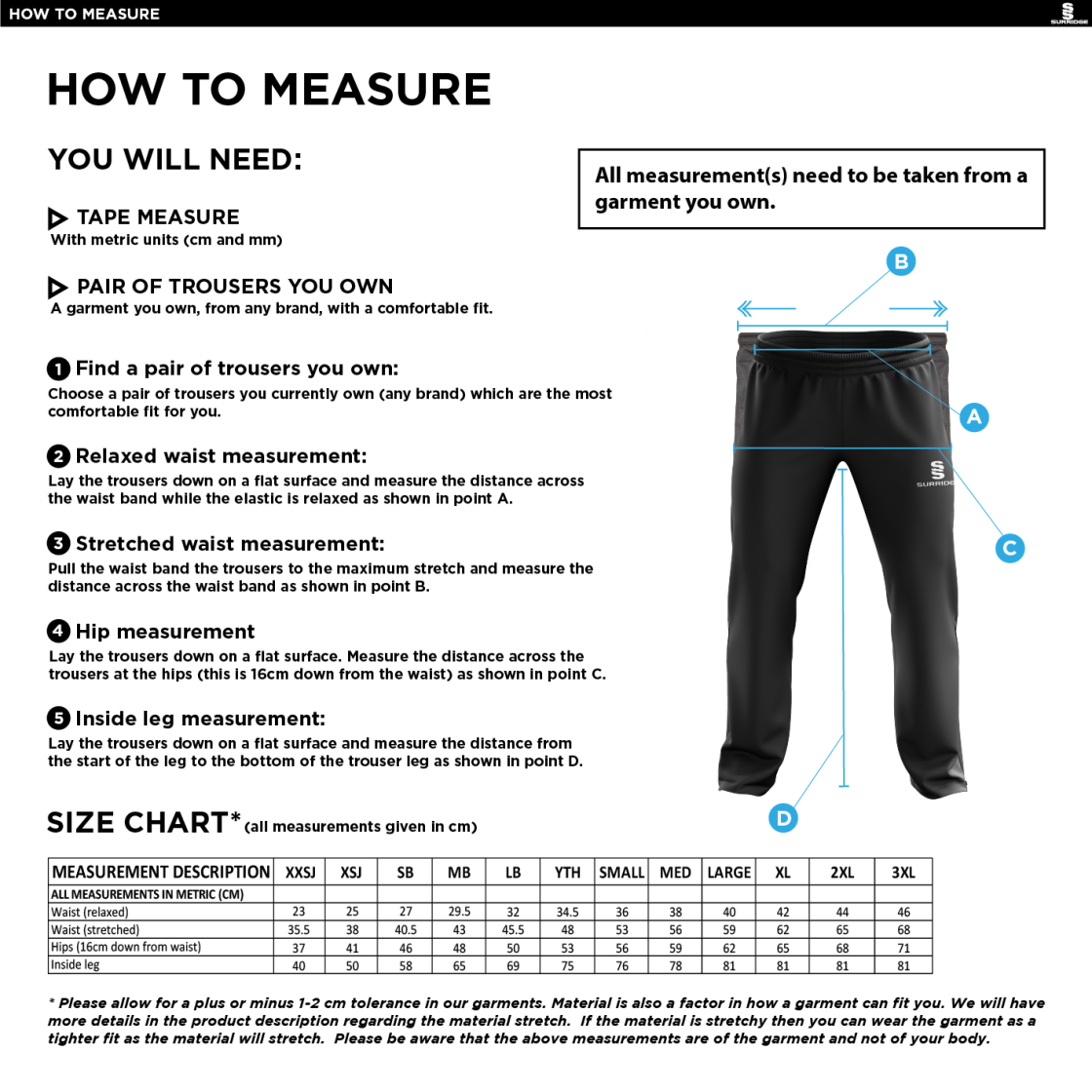 Southern Cavaliers CC - Poplin Track Pant - Size Guide