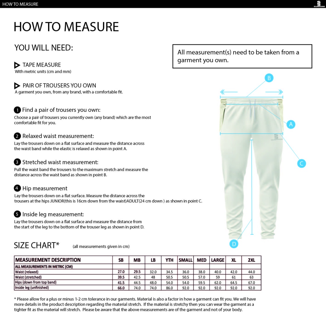 Southern Cavaliers CC - Tapered Fit Cricket Trousers - Size Guide