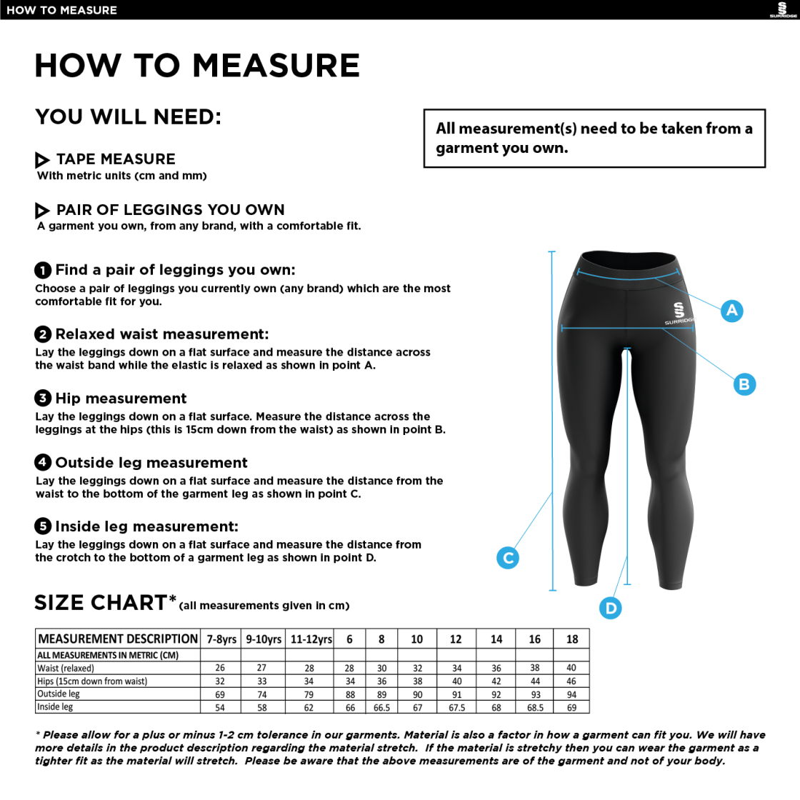 Southern Cavaliers CC - Performance Full Length Leggings - Size Guide