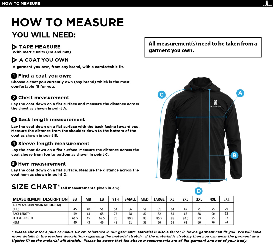 Southern Cavaliers CC - Dual Full Zip Training Jacket - Size Guide