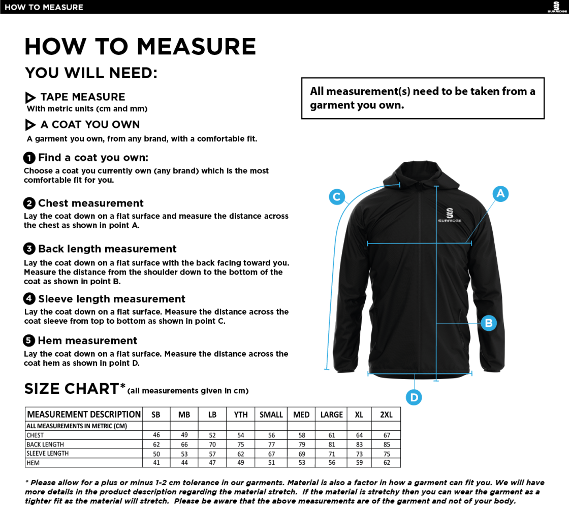 Southern Cavaliers CC - Dual Full Zip Training Jacket - Size Guide