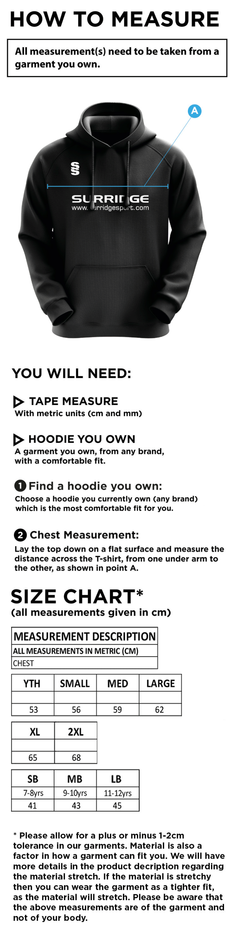 Southern Cavaliers CC - Blade Hoody - Size Guide