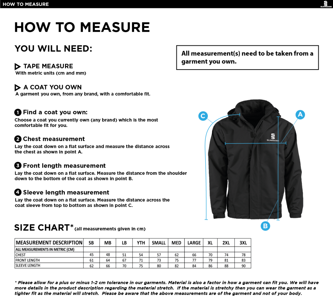 Southern Cavaliers CC - Fleeced Line Jacket - Size Guide