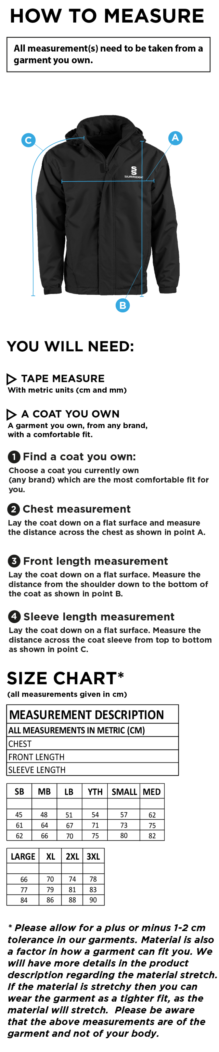 Southern Cavaliers CC - Fleeced Line Jacket - Size Guide